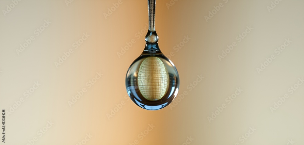 Poster captivating water drop reflecting a textured sphere in a studio setting with soft, warm lighting.