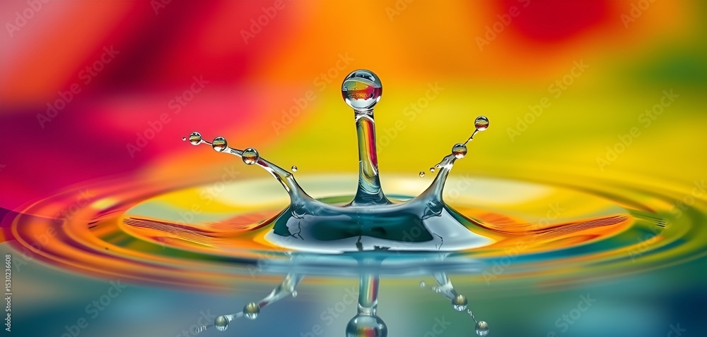 Poster water drop collision captured in a macro shot with vivid reflections of a colourful background.