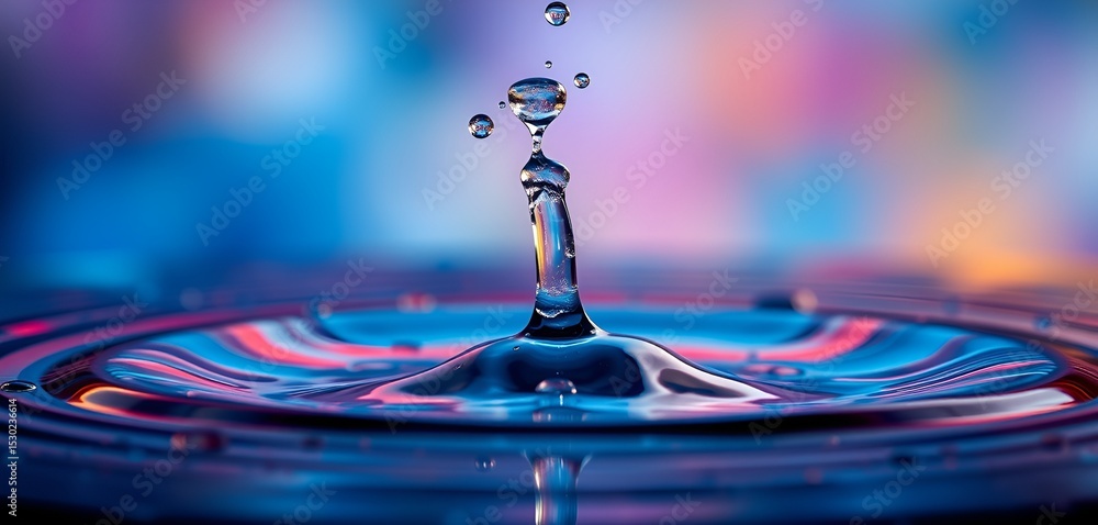 Poster a vibrant water drop collision with ripples and smaller droplets against a colorful bokeh backdrop.