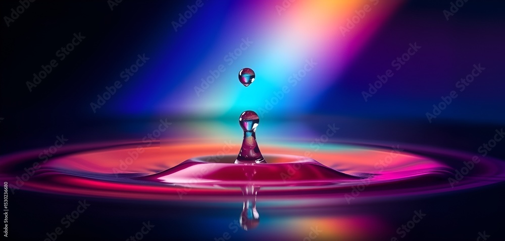 Poster captivating macro shot of a water droplet collision with vivid colors and intricate ripple patterns.