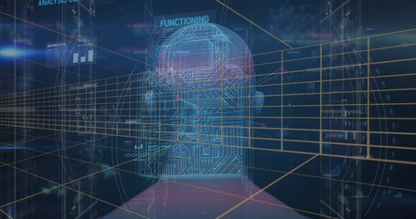 Opening receding grid, 3D head rotating sideways with flickering circuit overlay simulating scan - Powered by Adobe
