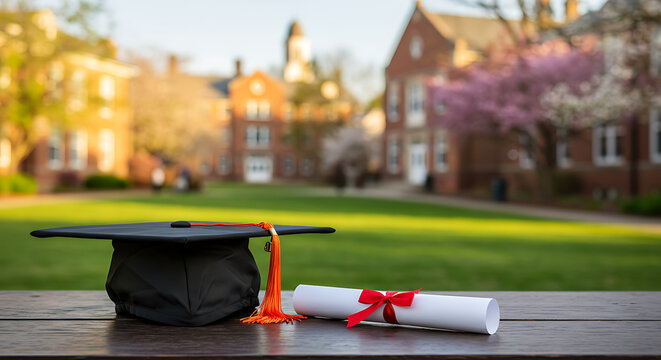 Graduation Cap and Diploma with Red Ribbon on Wooden Table Outdoors