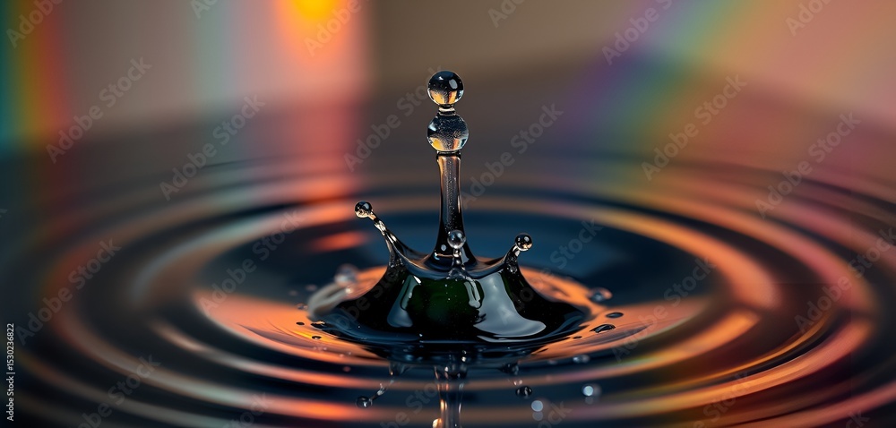 Poster macro shot captures a water droplet impact creating a splash with concentric ripples and colors.