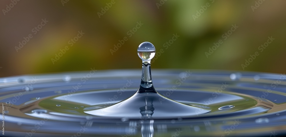 Poster water droplet collision creates abstract crown shape with concentric ripples in pool surface