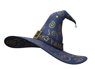 Black witch hat with gold design isolated on transparent background