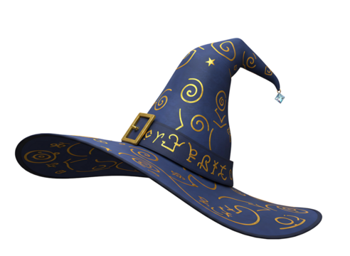 Black witch hat with gold design isolated on transparent background