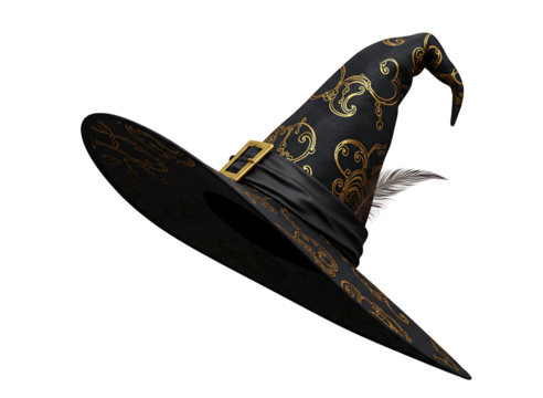 Black witch hat with gold design isolated on transparent background