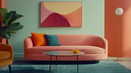 Modern living room with coral sofa, teal rug, abstract art, and muted color palette