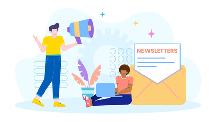Two people promoting newsletters with a megaphone and laptop, suitable for marketing, advertising, business communication, and digital promotions concepts.