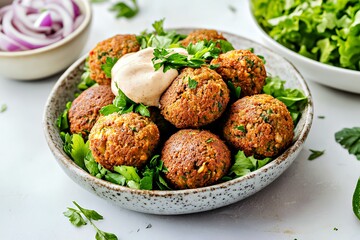 Delicious falafel with creamy sauce served on fresh greens, perfect for a healthy meal.