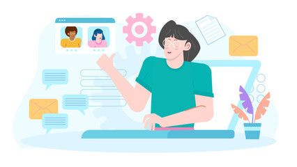 Woman on a video call with two others, remote work concept. Suitable for online communication, virtual meetings, teamwork, and technology themes.