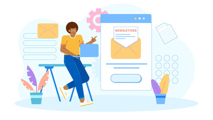 Man sits at a desk, focusing on a computer screen displaying newsletters. Marketing, communication, business, digital work, office, technology concepts.