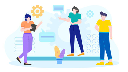 Three people discussing sustainability with gears and a plant. Perfect for ecofriendly business presentations, teamwork concepts, and environmental discussions.