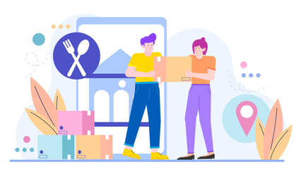 Copy space composition featuring food delivery workers carrying boxes. Perfect for food delivery services and restaurant advertising campaigns.