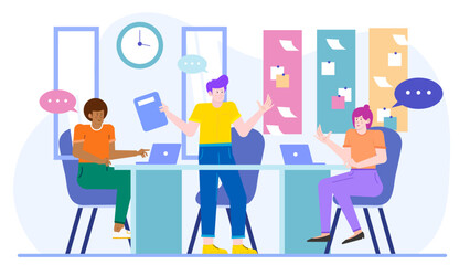 Three people discussing business matters at a conference table. Suitable for presentations, business articles, teamwork concepts, and office themes.