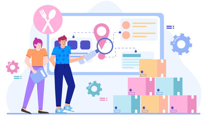 Man and woman by boxes, teamwork, storage solution, moving homes, shipping services, business logistics, inventory management, warehouse organization concepts.