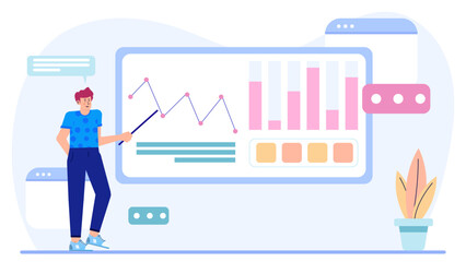 Man gesturing towards a chart on whiteboard, ideal for presentations, business meetings, analysis, strategy discussions, educational materials, and office concepts.