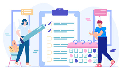 Two people checking items on a checklist and planning schedule on a calendar. Suitable for productivity, planning, organization, teamwork concepts.