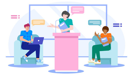 Three people in a meeting room, one person at a podium. Suitable for business presentations, conferences, team meetings, or office environments.
