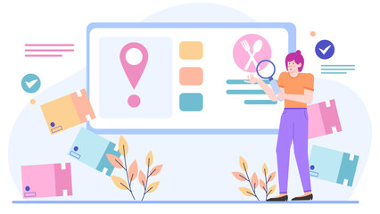 Woman examining a restaurant sign with a magnifying glass. Perfect for food bloggers, restaurant reviewers, and marketing materials related to dining establishments.