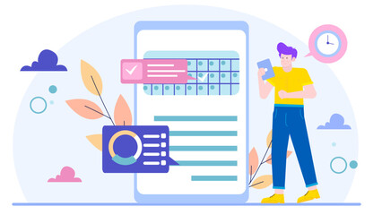 Man looks at phone with schedule, planning appointments. Suitable for technology, organization, communication, business concepts in presentations, websites, social media.