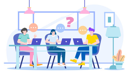 Three people at a table with laptops. Ideal for illustrating teamwork, collaboration, brainstorming, technology, co working spaces, and remote work concepts.