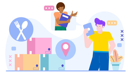 Two people discussing ordering food online. Perfect for illustrating online food delivery services, discussing technology in dining.