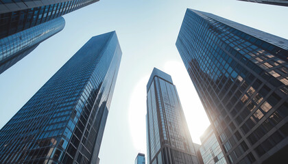 Fototapeta premium Modern Skyscrapers Against a Bright Sky, Capturing the Dynamic Energy of Urban Architecture and Corporate Ambition