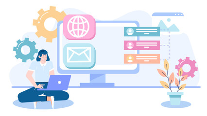 Woman sitting at computer with icons on screen, suitable for technology, work from home, online communication, remote work concepts.