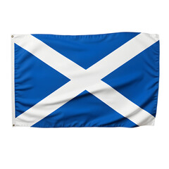 Scotland flag blue field, white saltire cross, fabric texture, no pole, isolated white background, UK photography