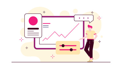 Man presenting a graph with a pink line, suitable for business presentations, market analysis reports, financial articles, educational materials.