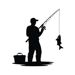 Obraz premium Silhouette of a Fisherman with a Catch on a Fishing Rod