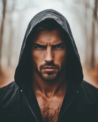 Intense Male Portrait in Forest with Hooded Jacket and Serious Expression