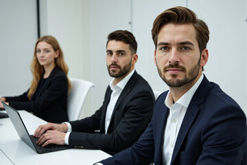 team of three business professionals in a formal meeting, sitting with laptops at a long table in a modern conference room, with the lead man looking confidently at the camera