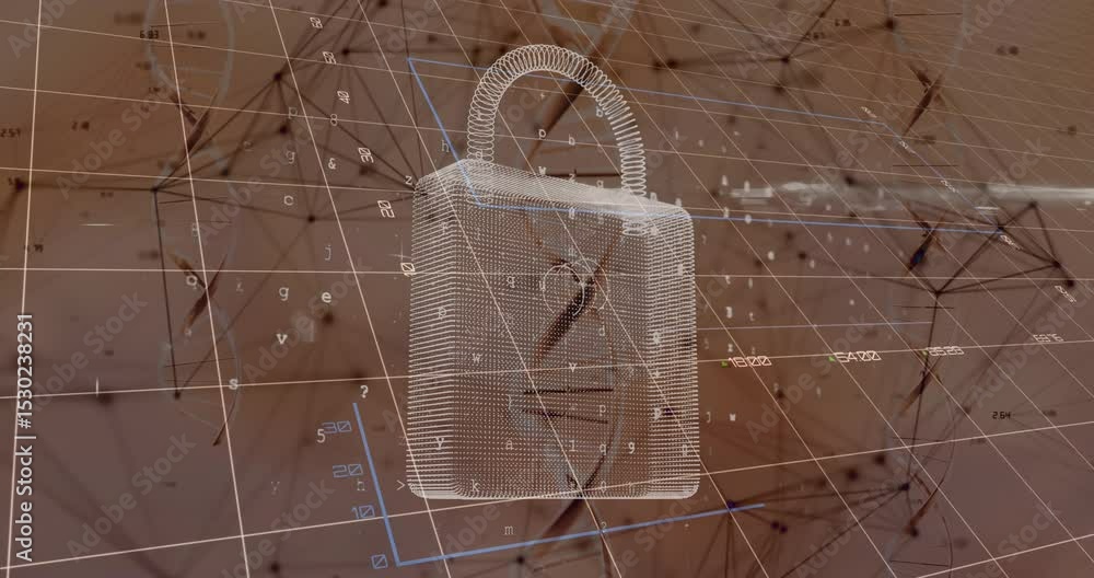 Poster animation starting wireframe padlock rotating right tilting grid drifting mesh showing 3d view