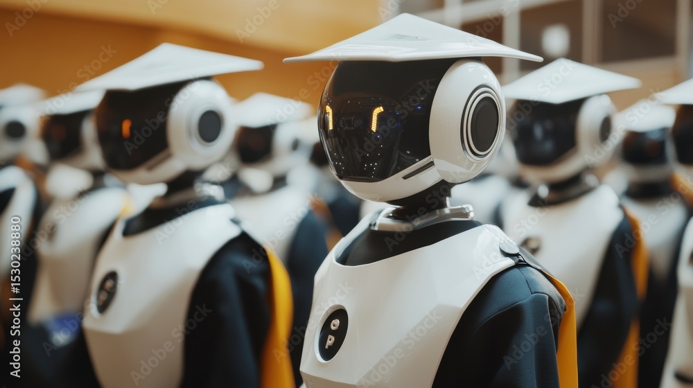 Poster row of robots in graduation gowns.