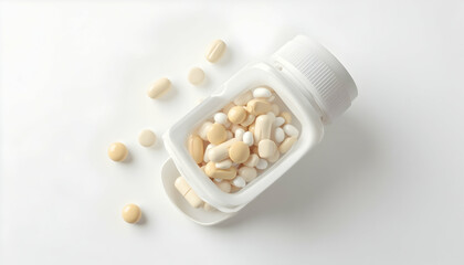 Bottle with Pills Scattered on White Background