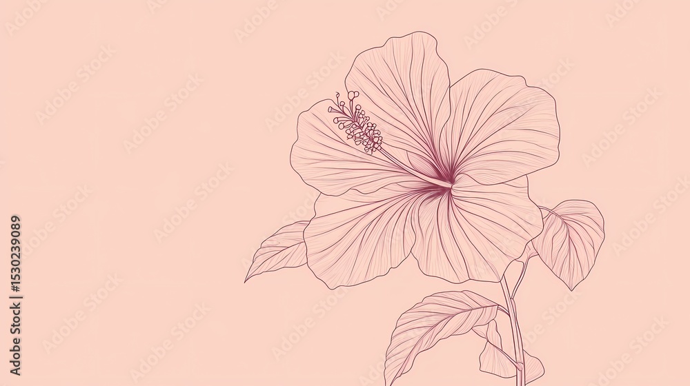 Poster minimal hibiscus icon with thin lines on a soft pink background