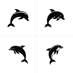 Obraz premium Four Black Dolphin Silhouettes Leaping on White Background, Minimalist Nautical Theme Design