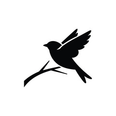 Fototapeta premium Minimalist Black Bird Perched on a Branch, Silhouette Against White Background Art