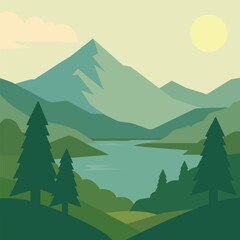 Flat Design Mountain Landscape with River and Pine Trees