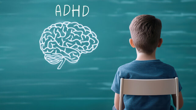 A young boy sits facing a chalkboard with a brain illustration and "ADHD" written above it, symbolizing attention deficit hyperactivity disorder awareness