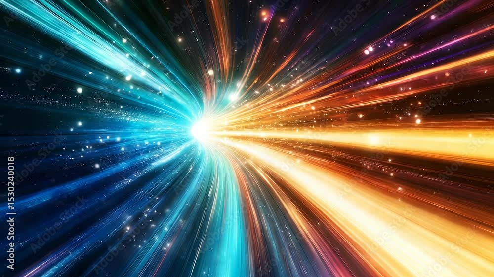 Poster warp speed tunnel abstract background with glowing colorful rays of light