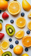 Colorful assortment of sliced fruits including oranges, kiwis, and strawberries.