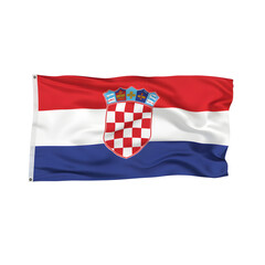Croatia flag horizontal stripes, red white blue, coat of arms, no flagpole, isolated on white background, European photography