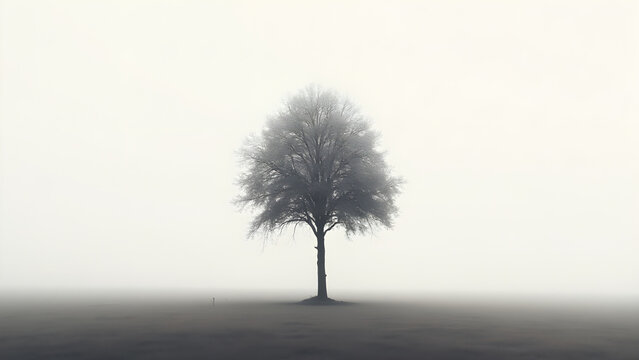 Solitary Tree in Minimalist Landscape Under Overcast Sky for Design and Print