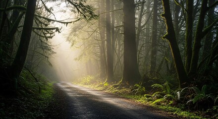 Obraz premium Sunbeams Illuminate Misty Forest Road: A Serene Nature Scene