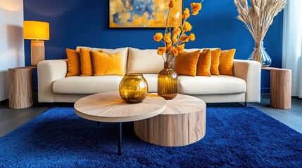 Modern living room with off-white sofa, blue rug, and wooden coffee table.  Orange accents
