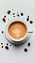 Aromatic coffee in a white cup surrounded by coffee beans.
