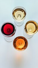 Four elegant wine glasses showcasing red, white, and rosé wines in a stylish arrangement.